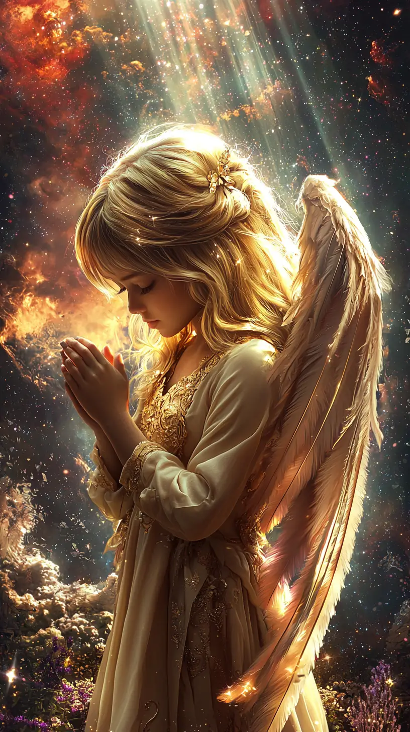 Ethereal angelic woman with glowing wings in heavenly light