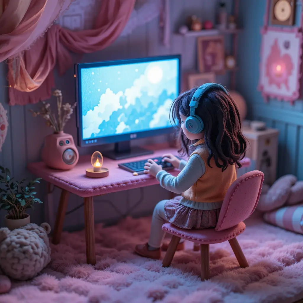 Cozy felt girl gaming at a pastel craft desk