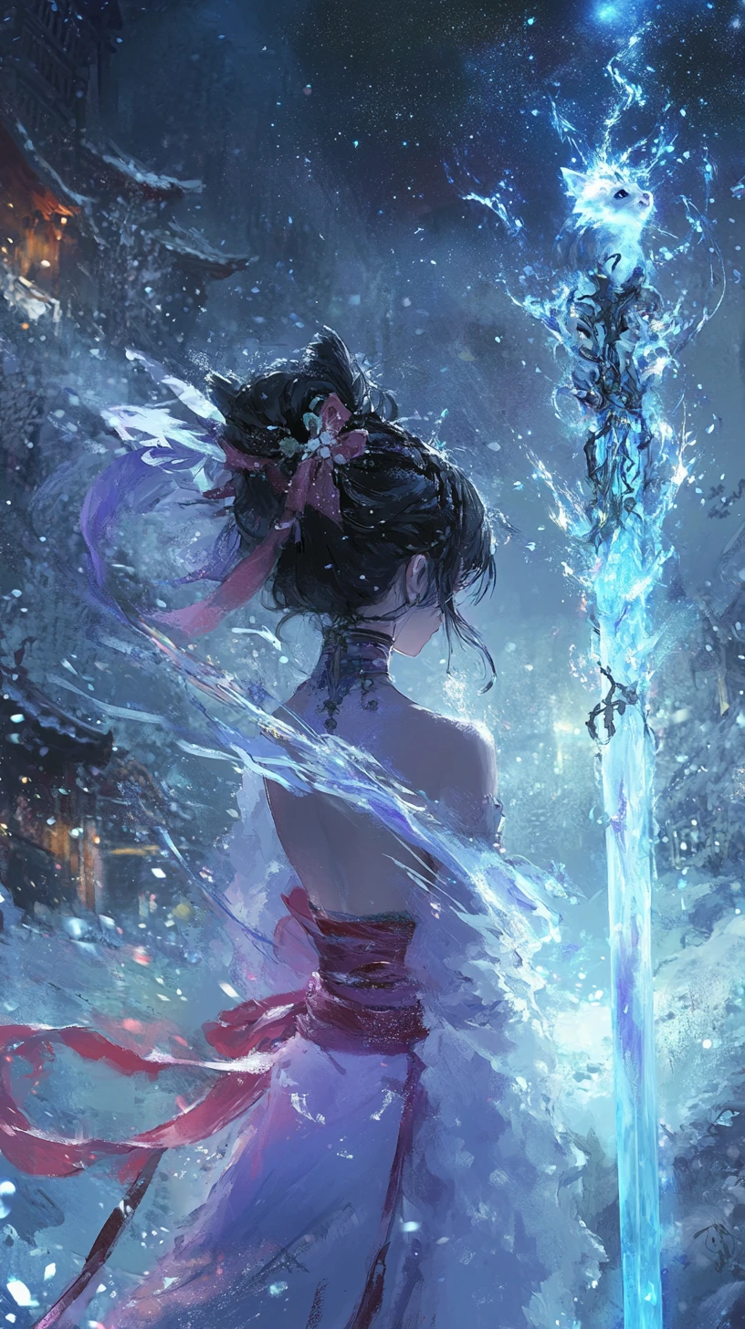 Anime girl in a burned snowflake dress with ghostly icy eyes
