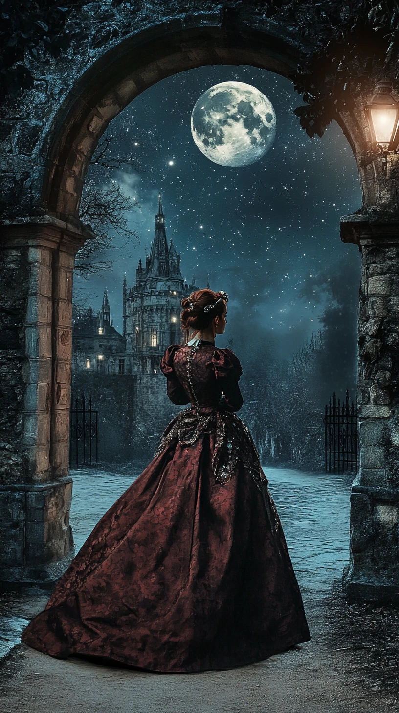 Victorian woman under moonlight by a castle archway