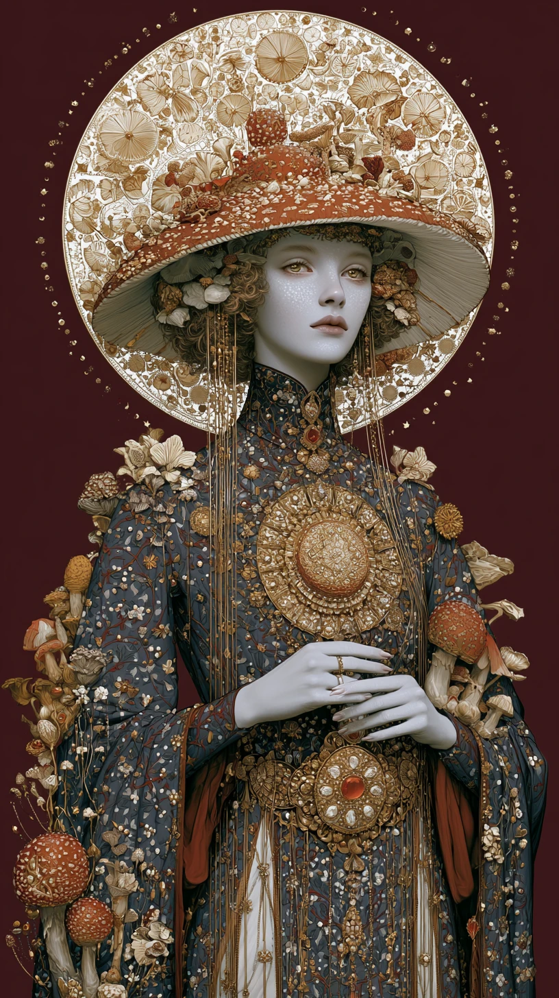 Reina de los hongos en un retrato de fantasía mística y surrealista