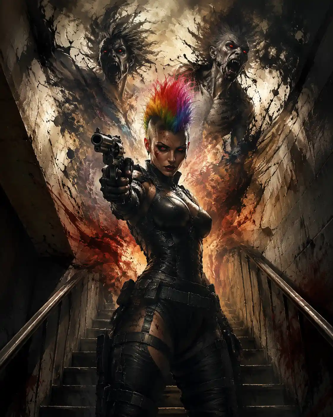 Armored woman aiming revolver in dark interior stairwell