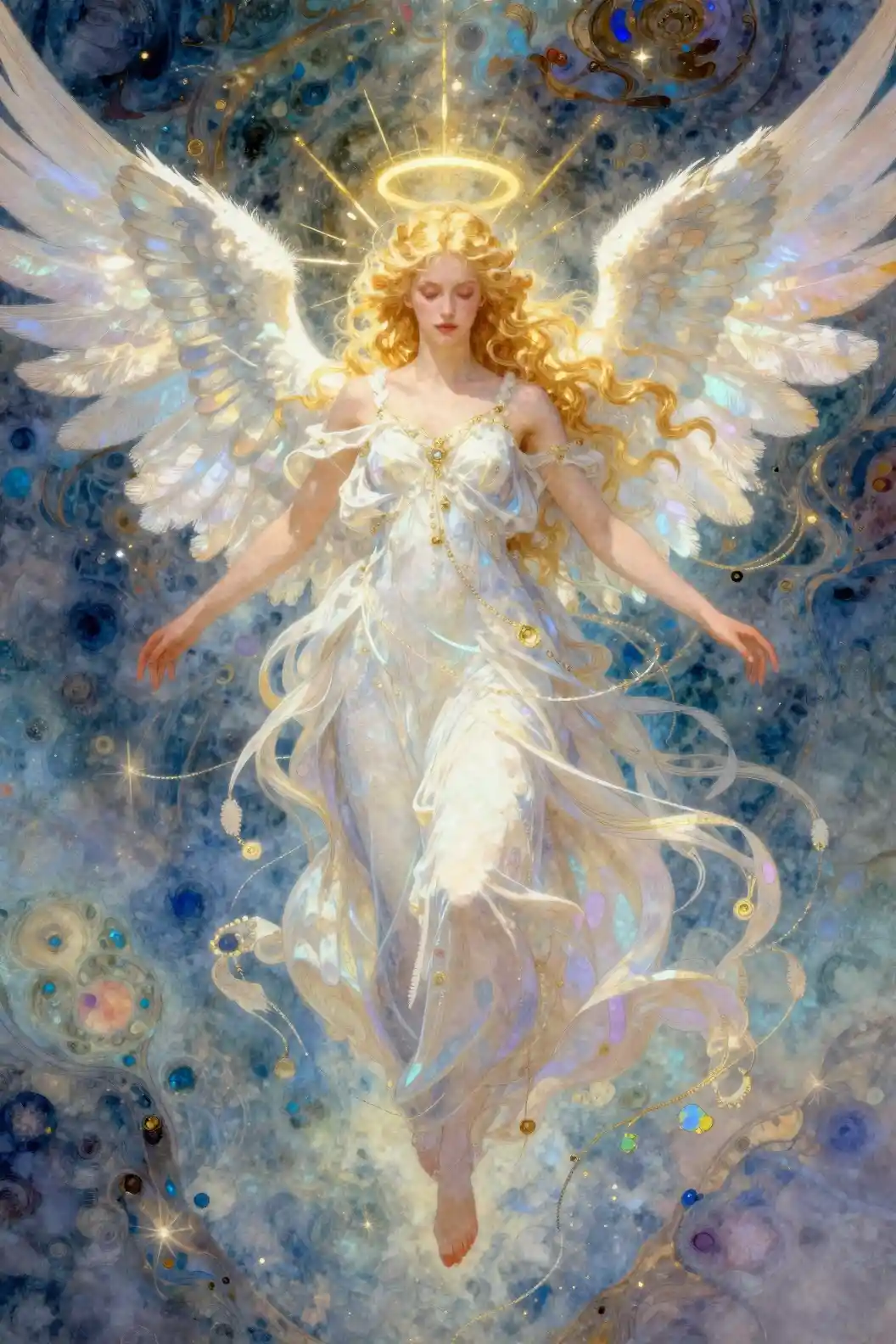 Q style angel girl with halo in ethereal fantasy sky