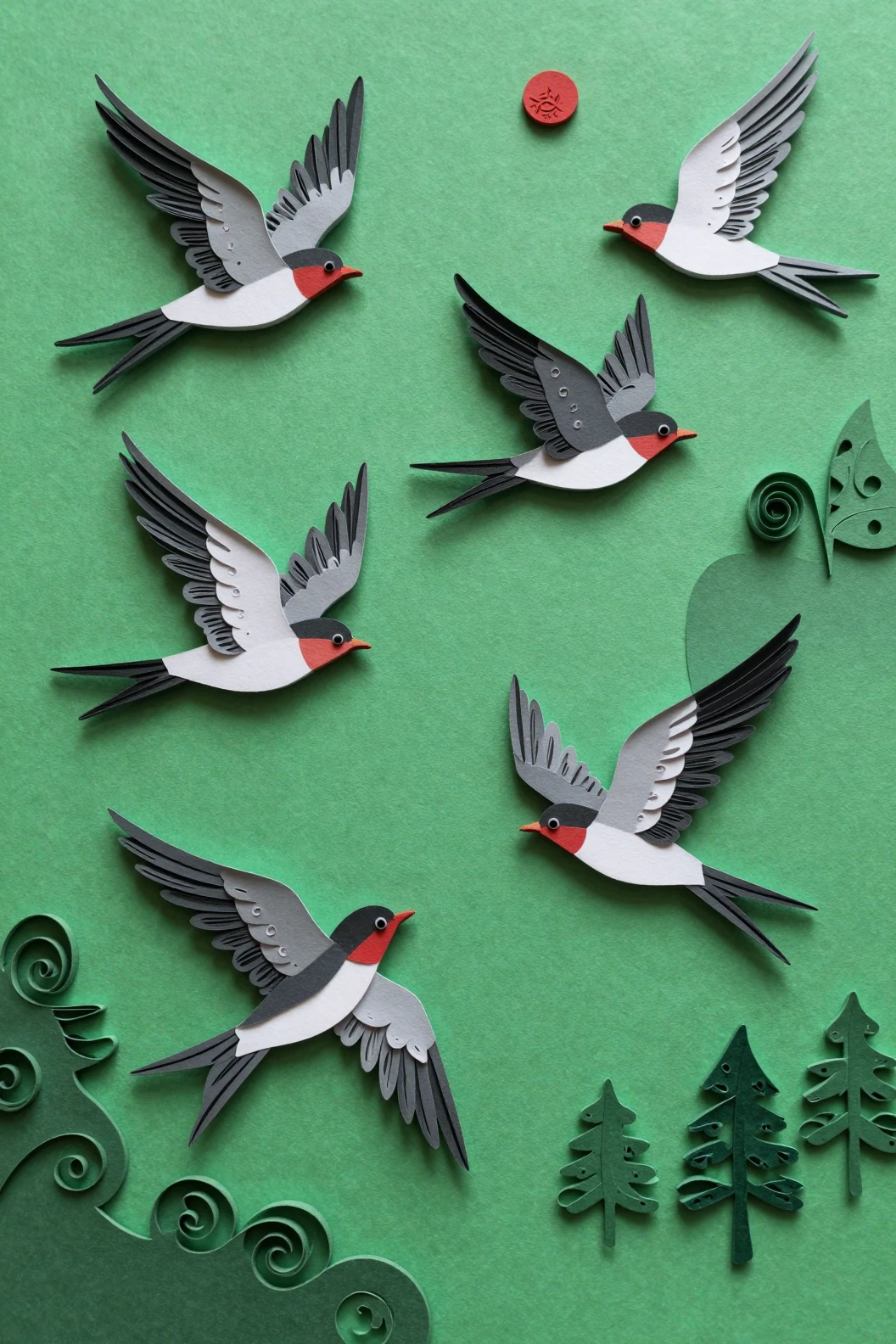 Paper swallows in dynamic flight against green abstract forest