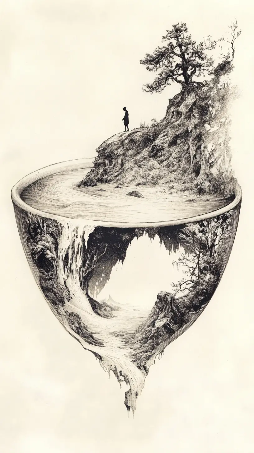 Overturned teacup world with tiny figure on the rim