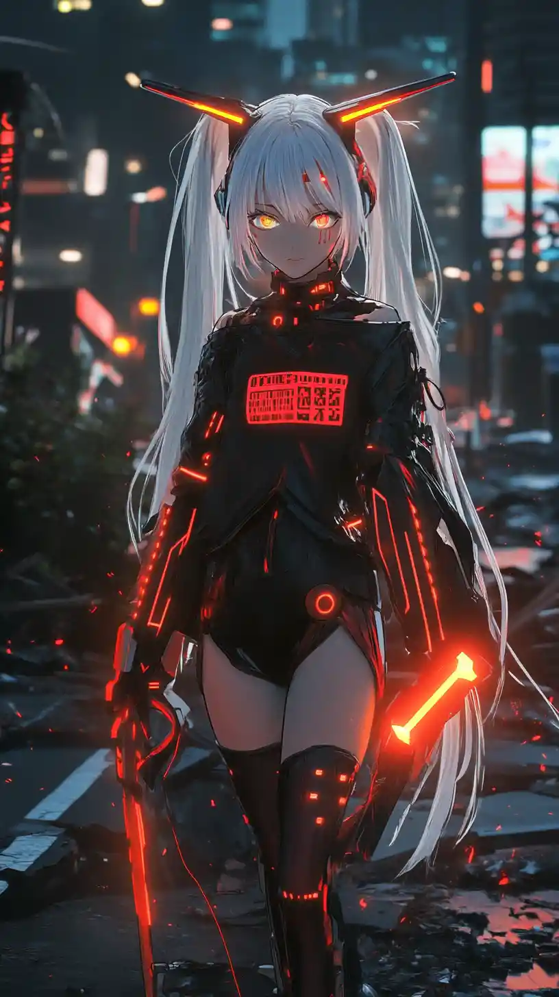 Armored anime girl with glowing futuristic sword at night