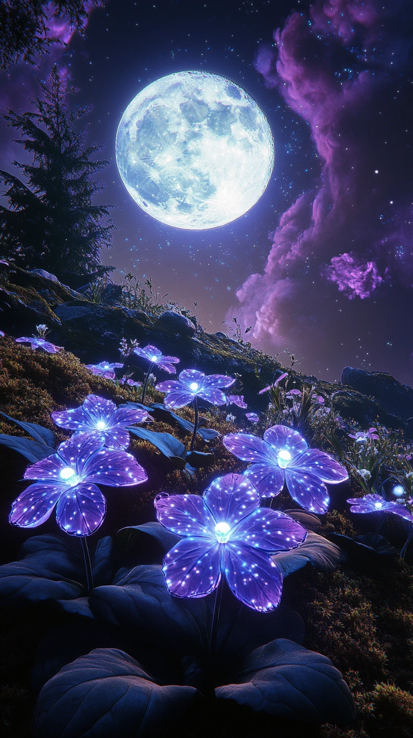 Glowing Wildflowers Under A Vast Celestial Night Sky