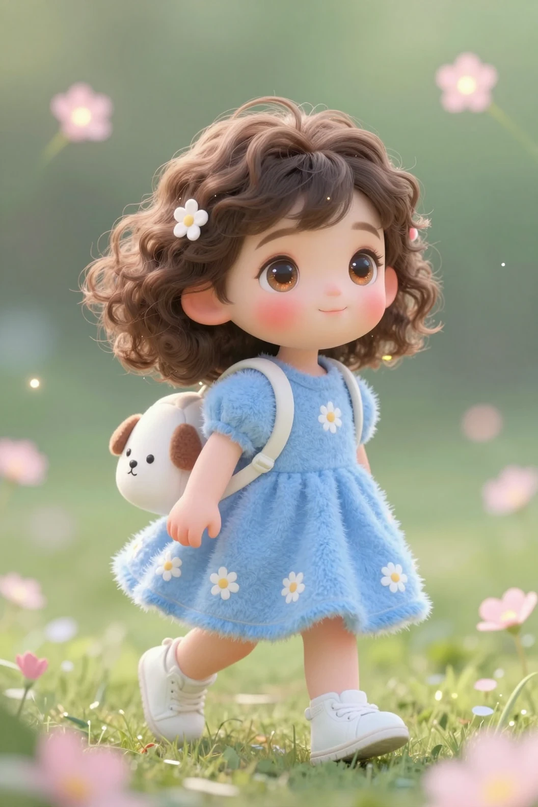 Cute girl walking with puppy in dreamy pastel garden
