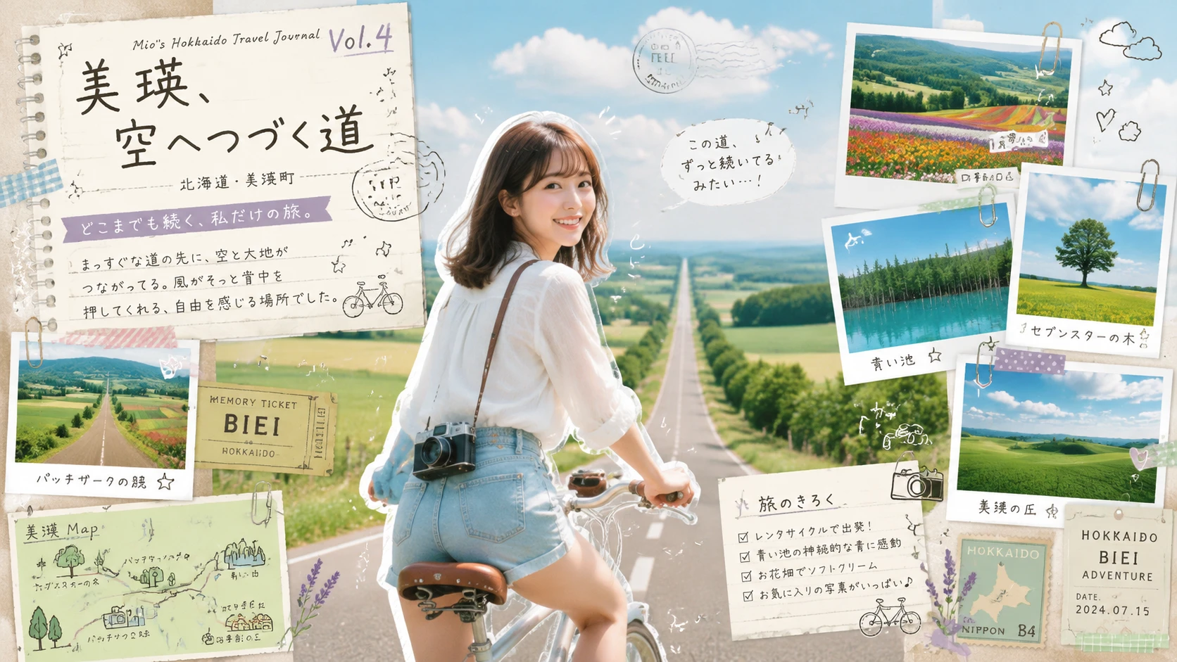 Chica japonesa en bicicleta por una pintoresca carretera rural de Hokkaido