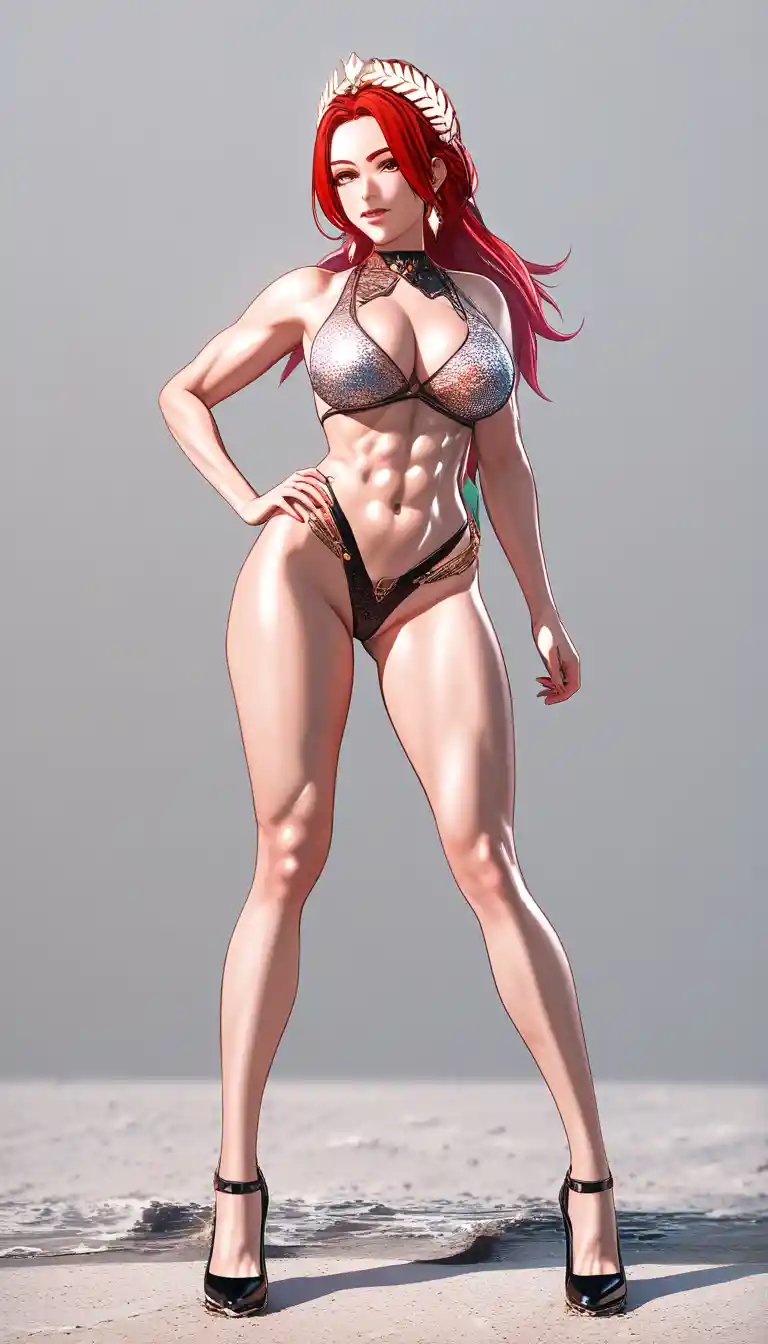 Seductive sci fi woman dancing on a futuristic beach