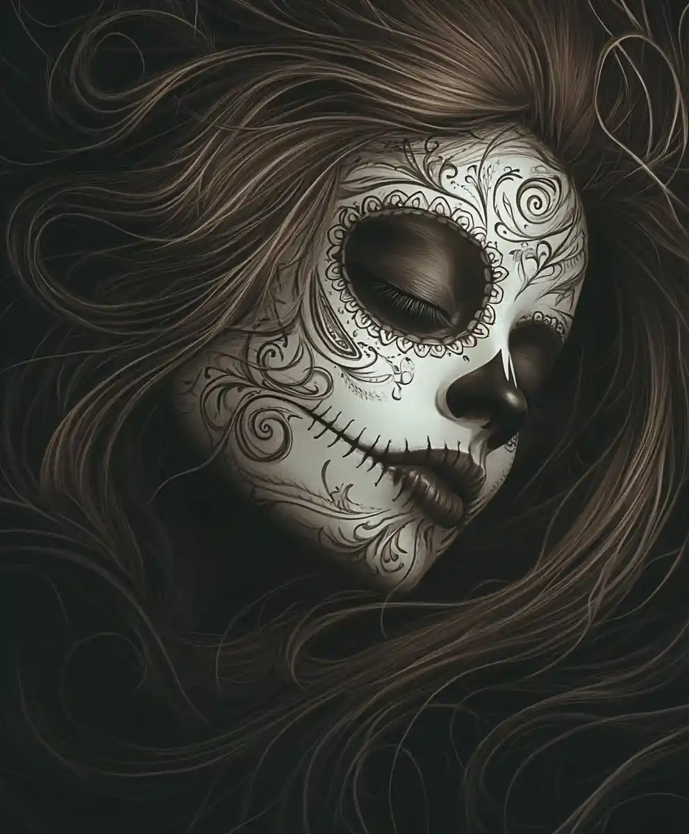 Woman portrait with sugar skull makeup on black background