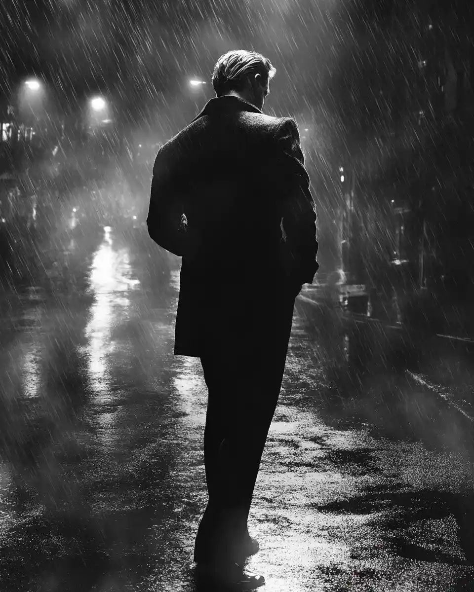 Lonely man standing in rain on empty city street