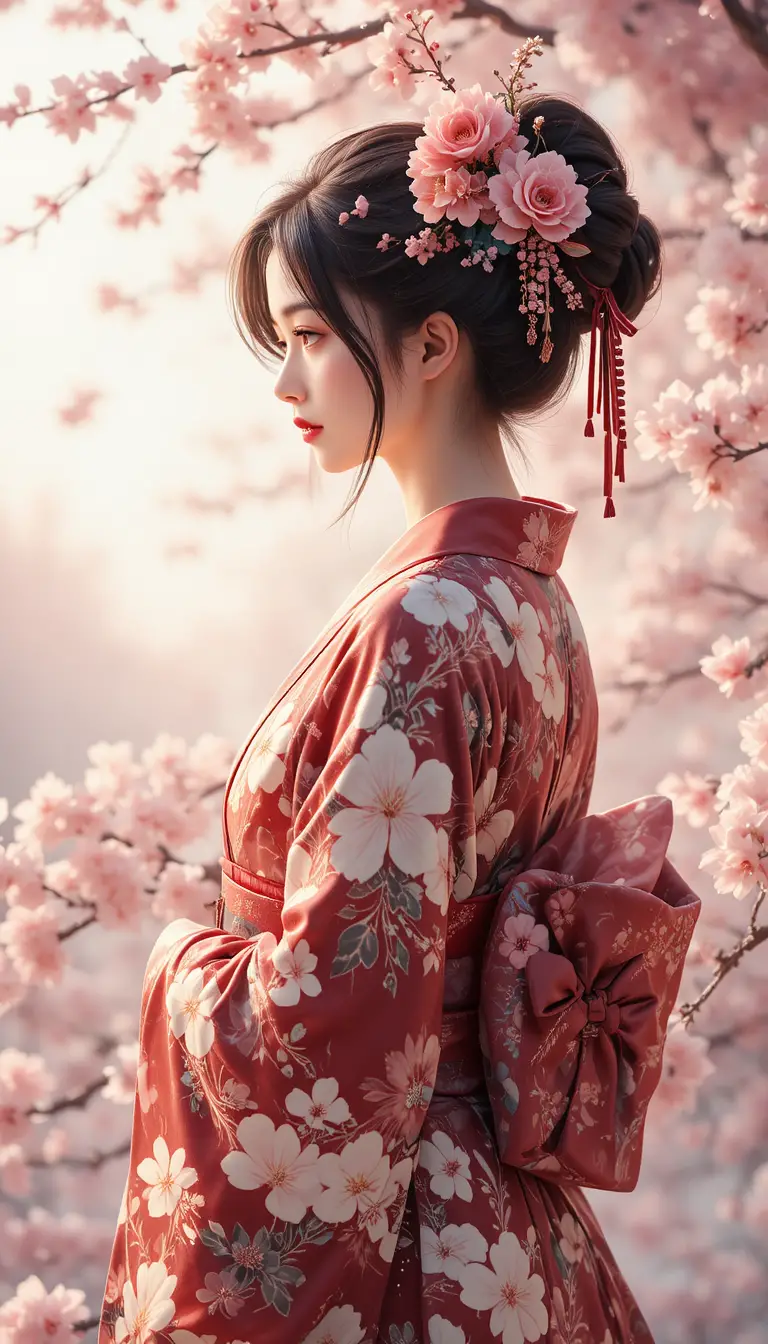 Jeune Japonaise élégante en kimono sous des pétales de cerisier flottants
