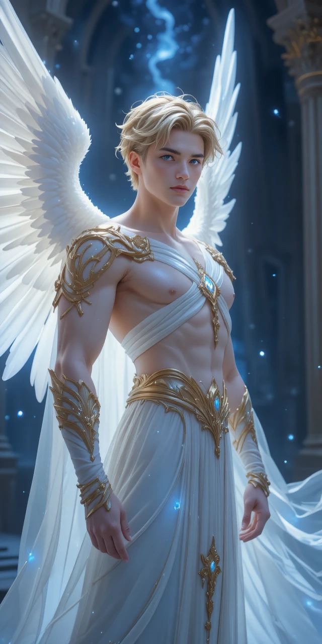 Serene angelic prince with glowing wings in anime style