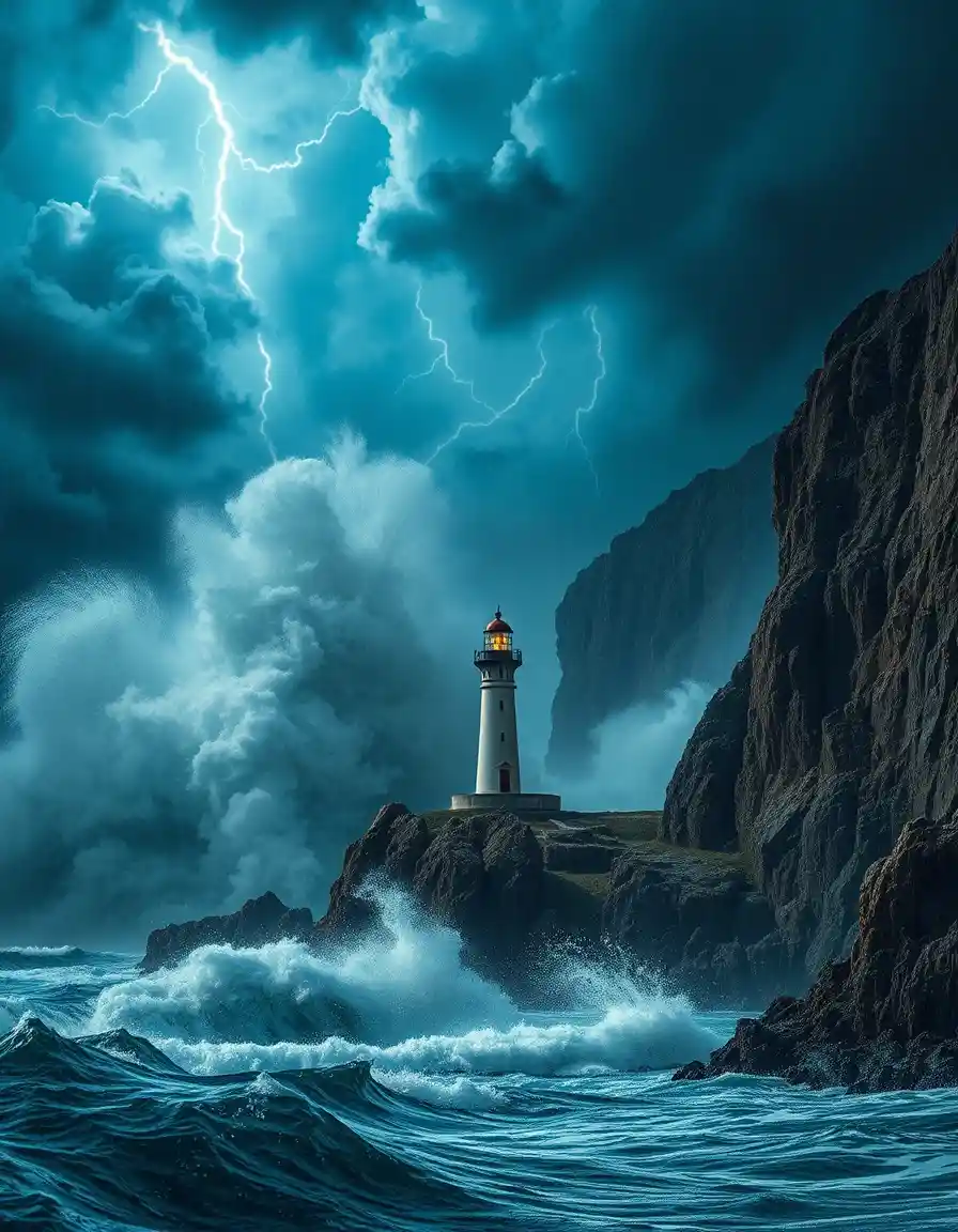 Lighthouse Facing Towering Waves In A Violent Ocean Storm