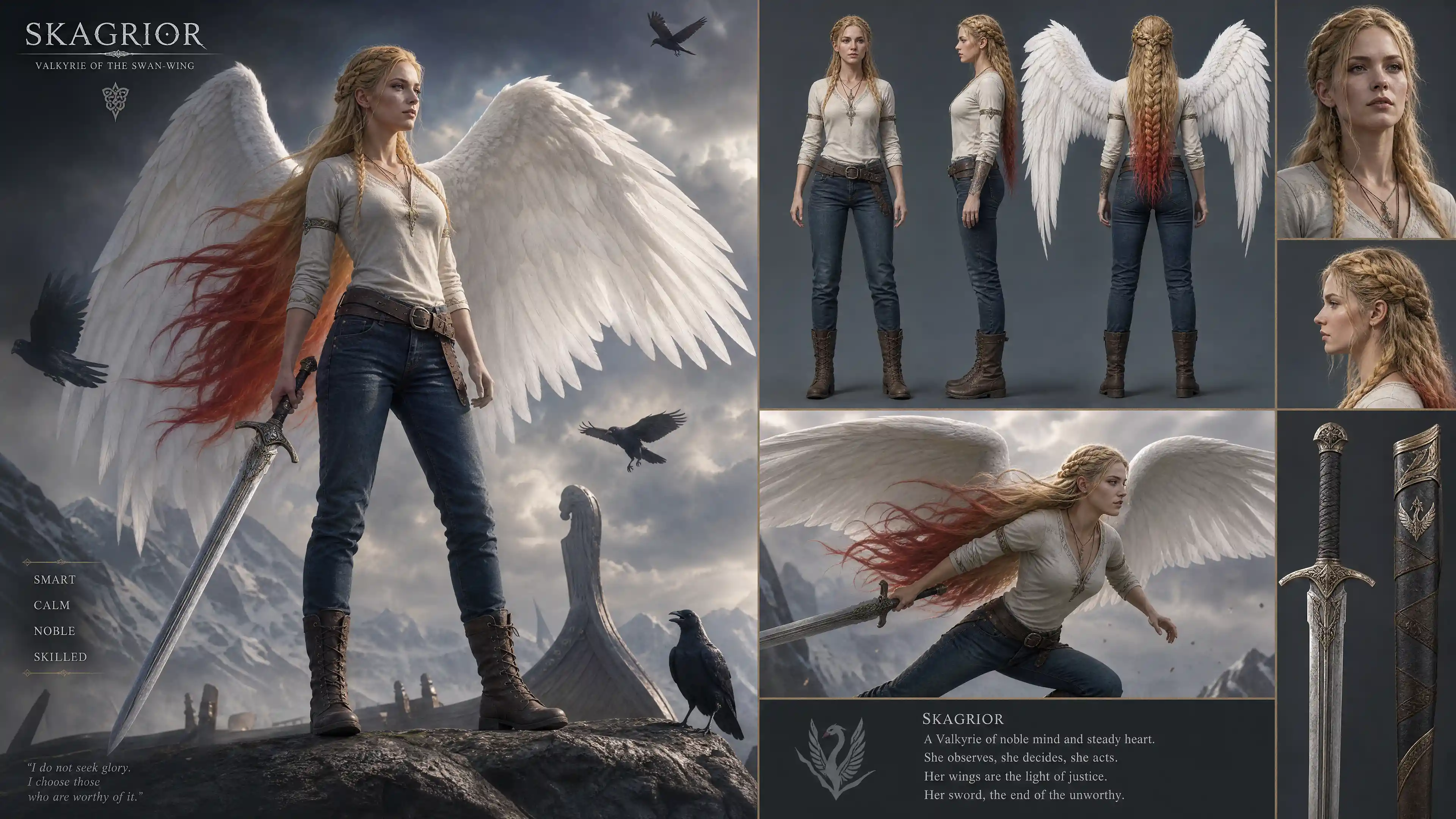 Calm valkyrie warrior woman with swan wings and sword