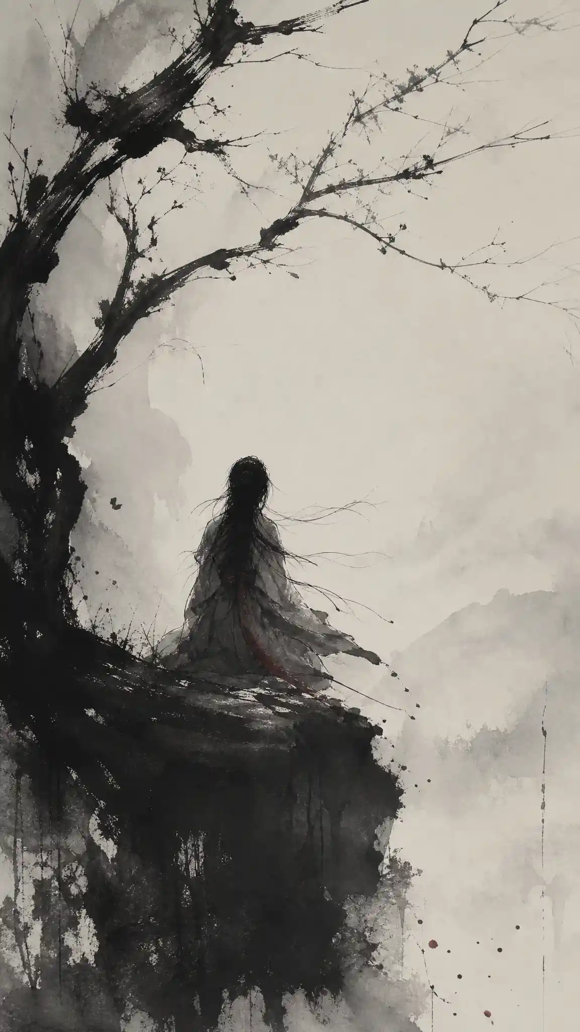 Lonely girl in expressive Japanese ink brush portrait