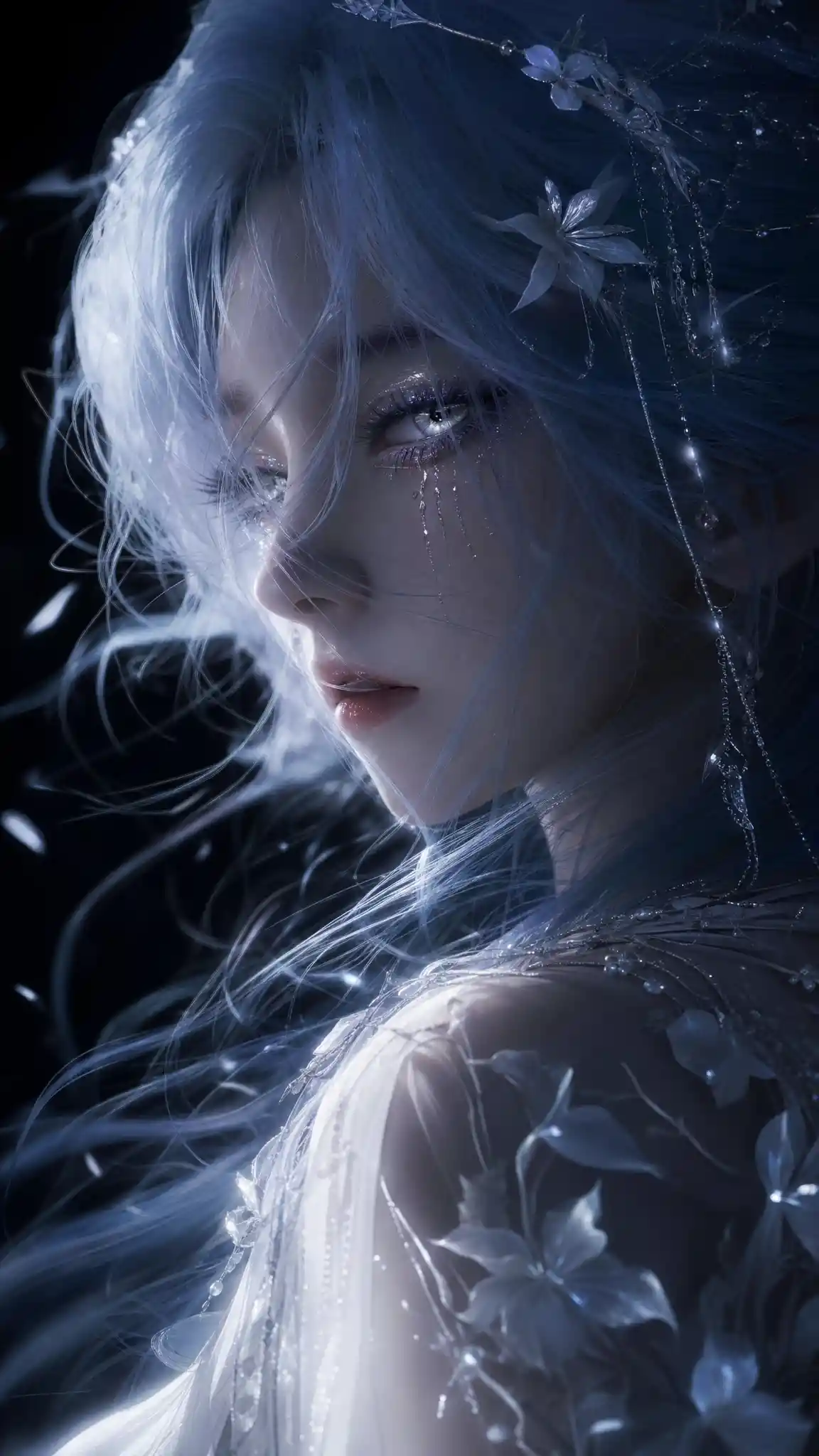 Ethereal close up of a blue haired woman in darkness