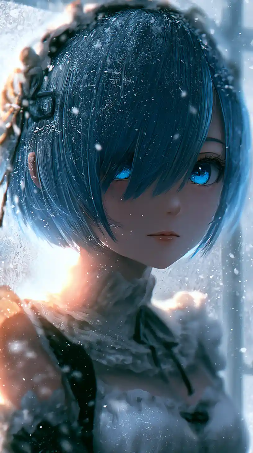 Snowy anime maid girl portrait with gentle expression