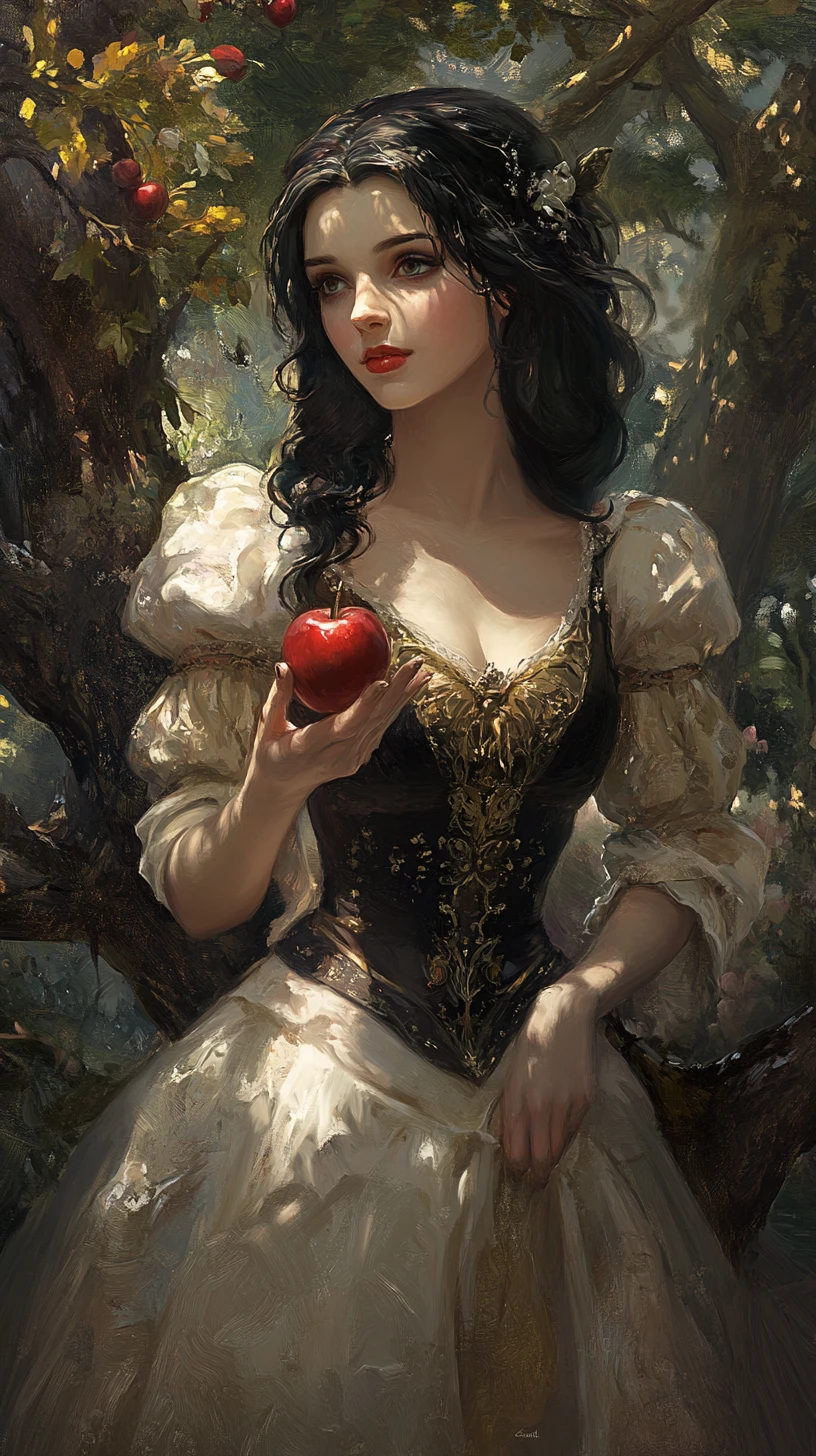 Blancanieves sosteniendo una manzana roja bajo el árbol encantado