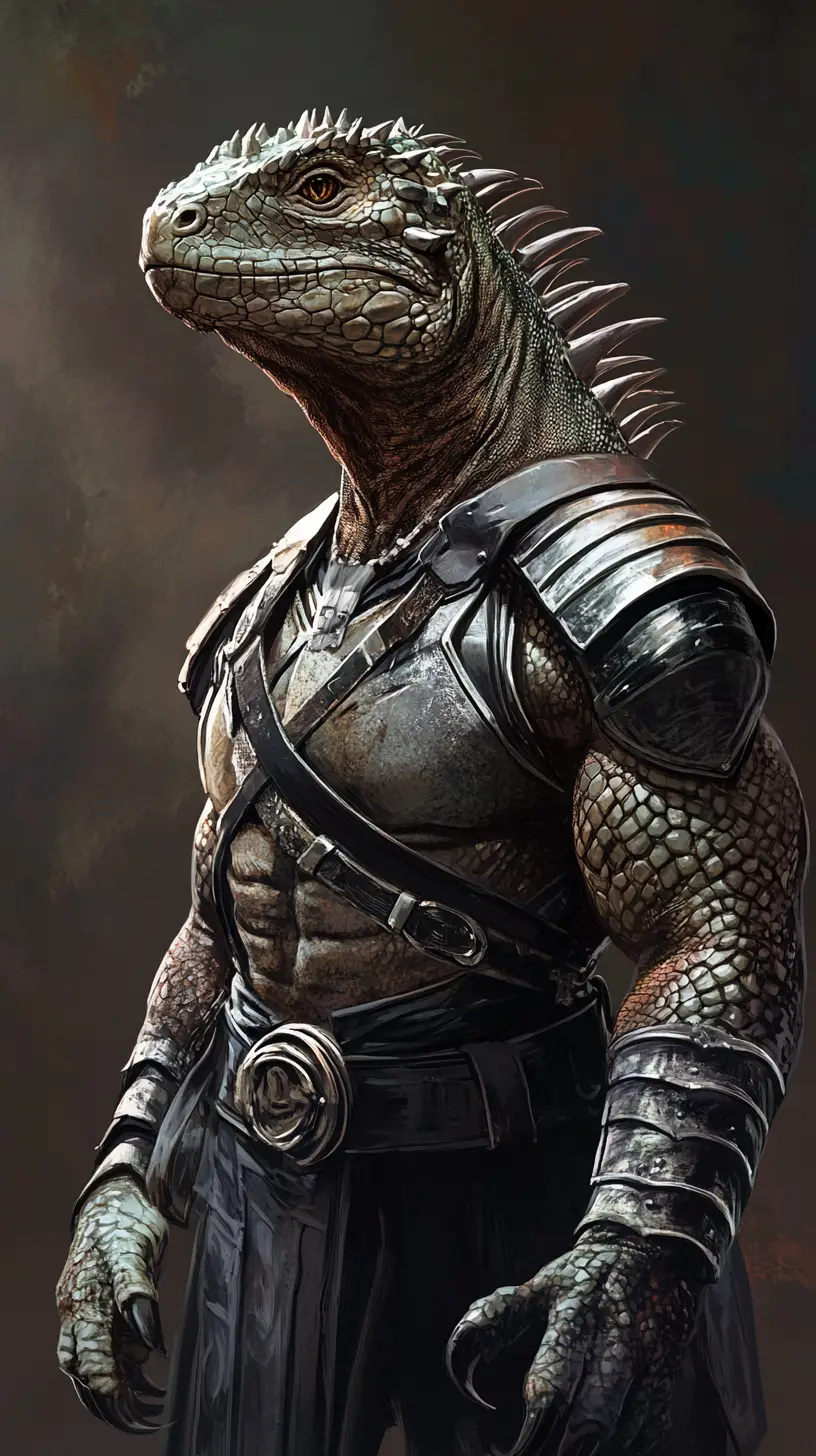 Iguana war god in ceremonial armor seen from below