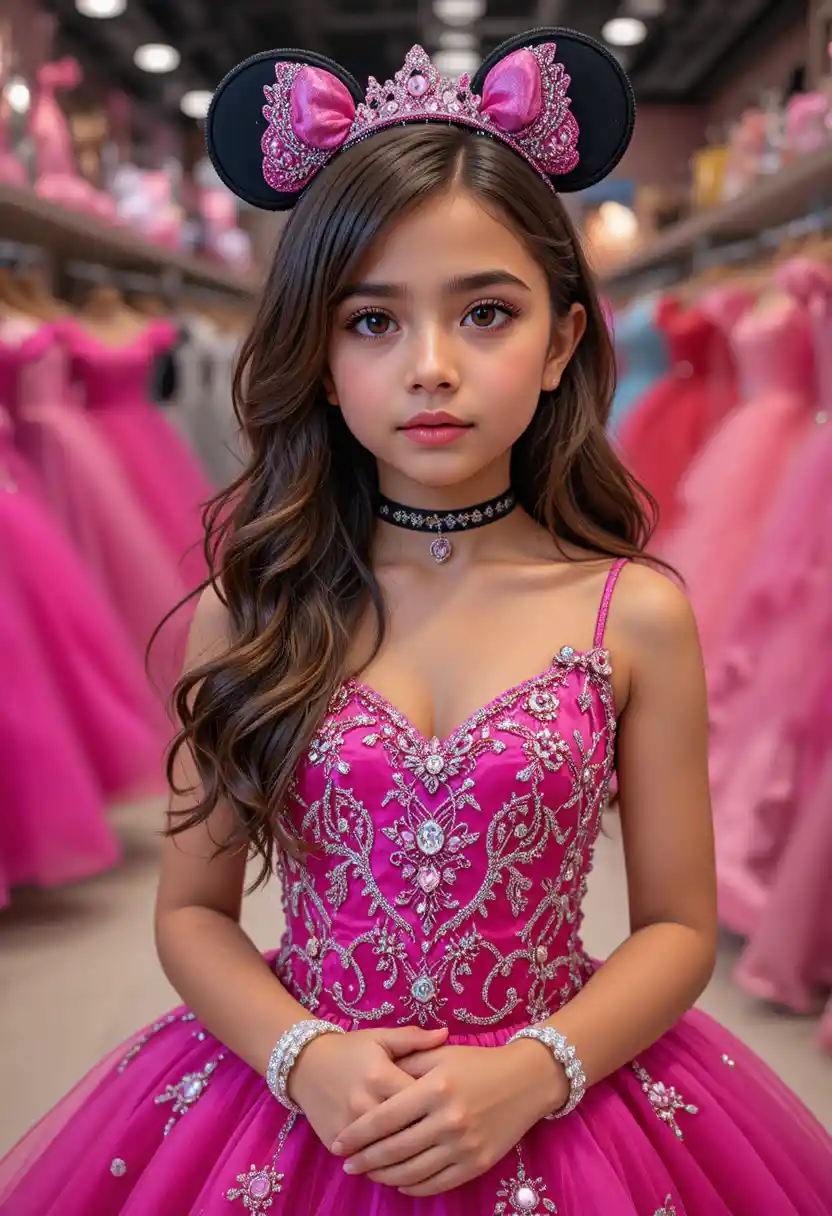 Hispanic girl in hot pink Minnie gown at dress shop