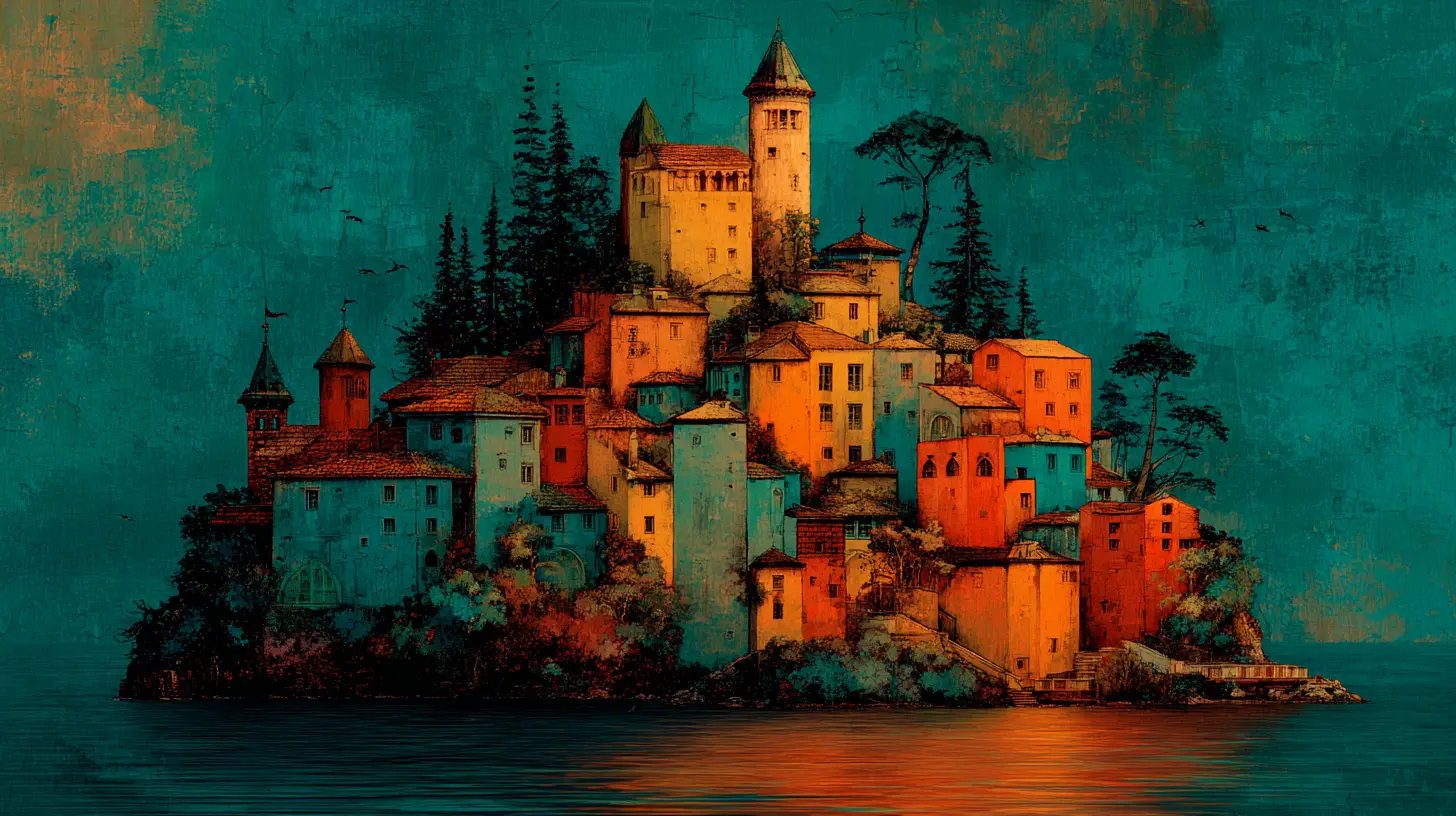 Surreal fantasy island crowned by a luminous enchanted castle