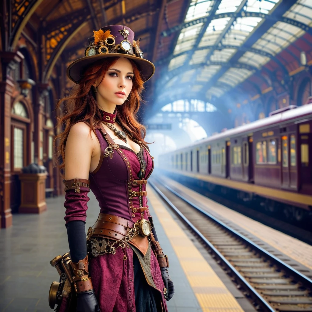 Pericolosa donna steampunk in una stazione ferroviaria affollata