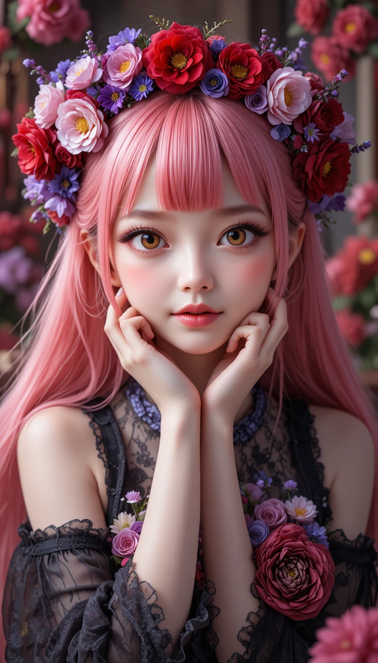 Gothic pink haired Japanese girl with floral crown