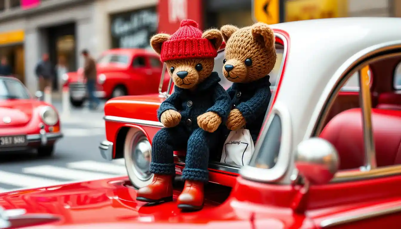 Cartoon jellycat character walking through a busy city street