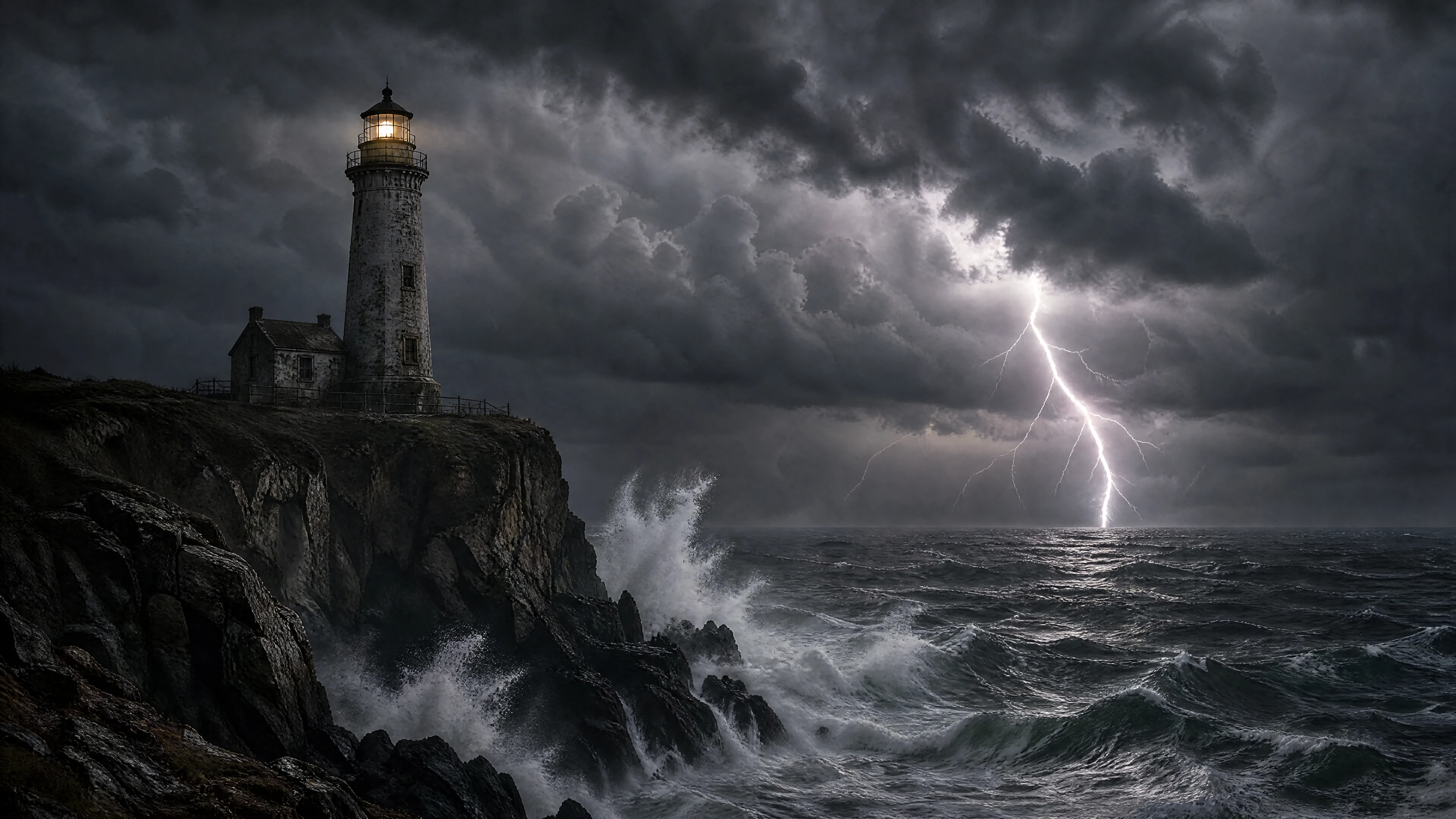 Stormy sea lighthouse on a rugged cliff at night