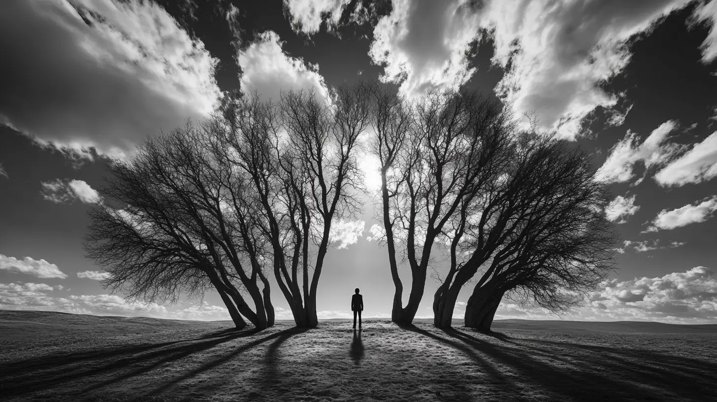 Figura solitaria in un cerchio di alberi contorti e spogli