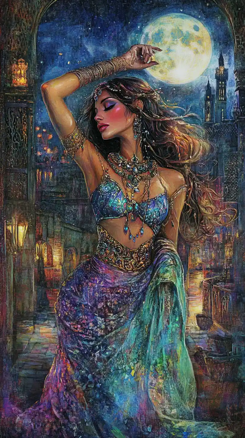 Fantasy harem woman on a quiet Dubai street at night