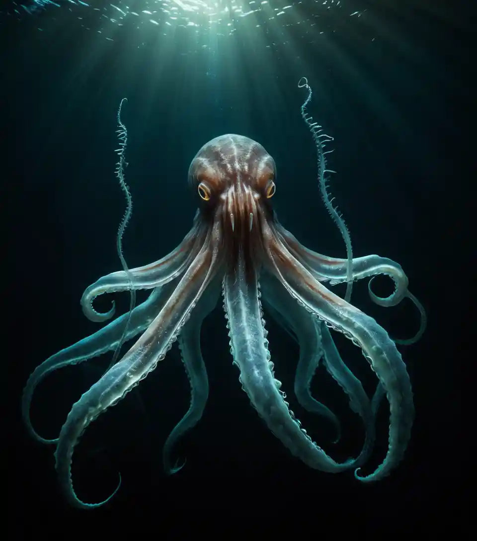 Giant squid rising from the deep ocean in cinematic detail