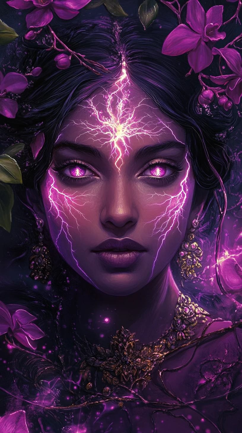 Fairy woman glowing with lightning veins in dark orchid garden