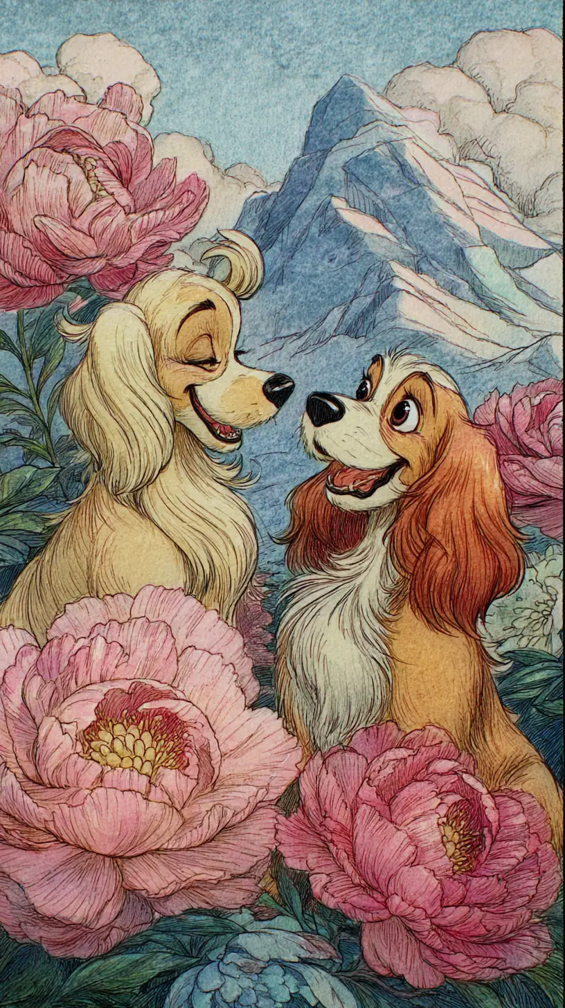 Romantic dogs in a peony field fantasy illustration