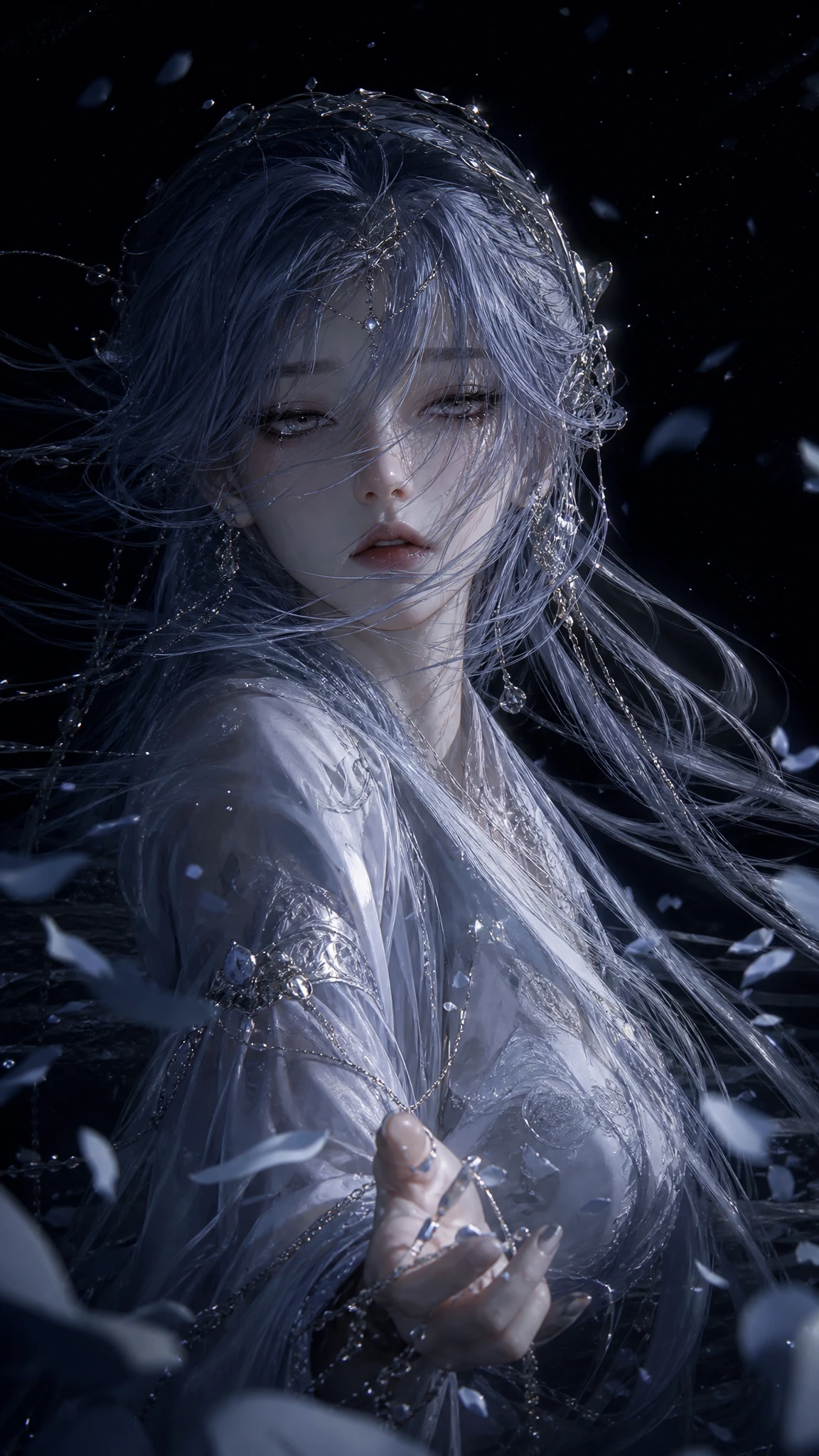 Ethereal woman with silver eyes in dramatic darkness