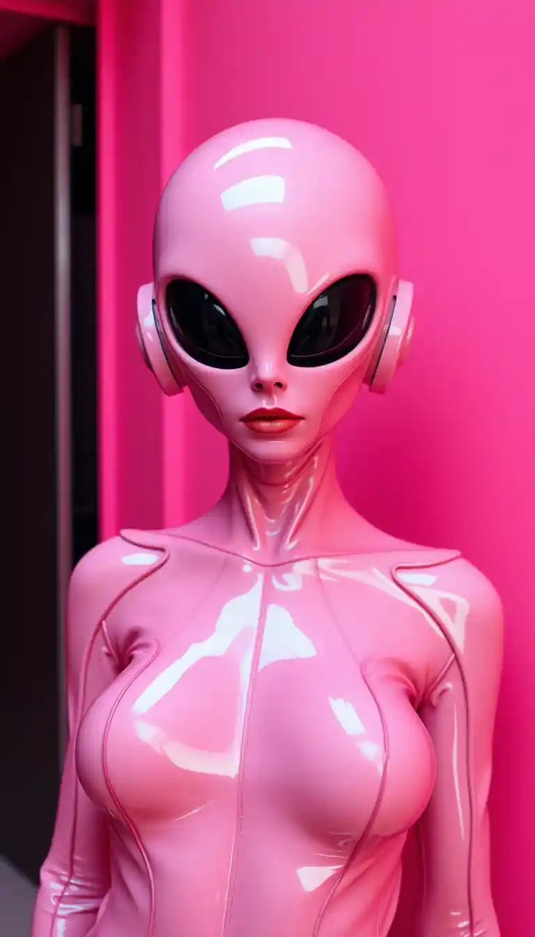 Android woman in latex catsuit in pink futuristic room