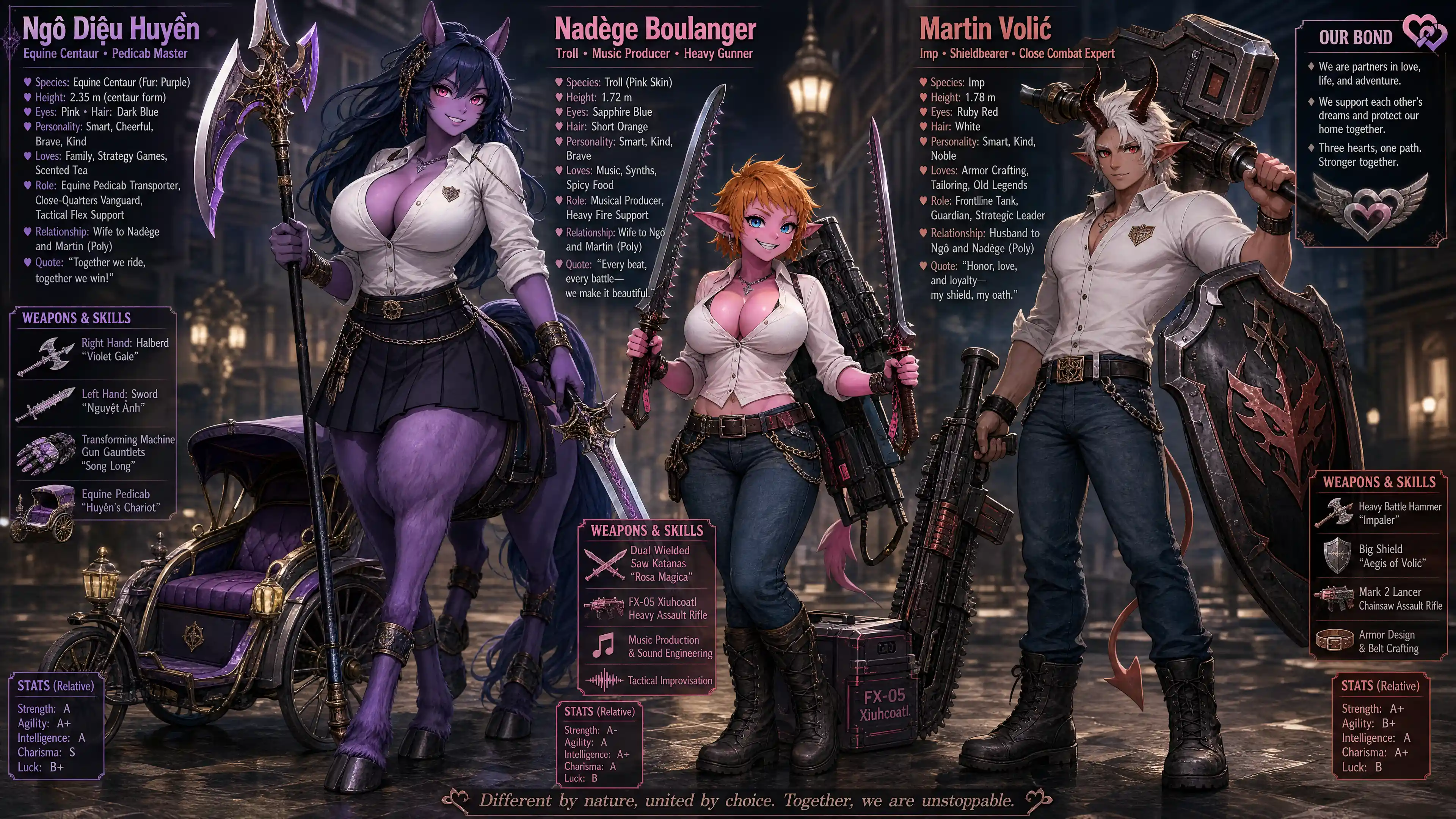 Cheerful purple centaur woman with weapons in fantasy outfit
