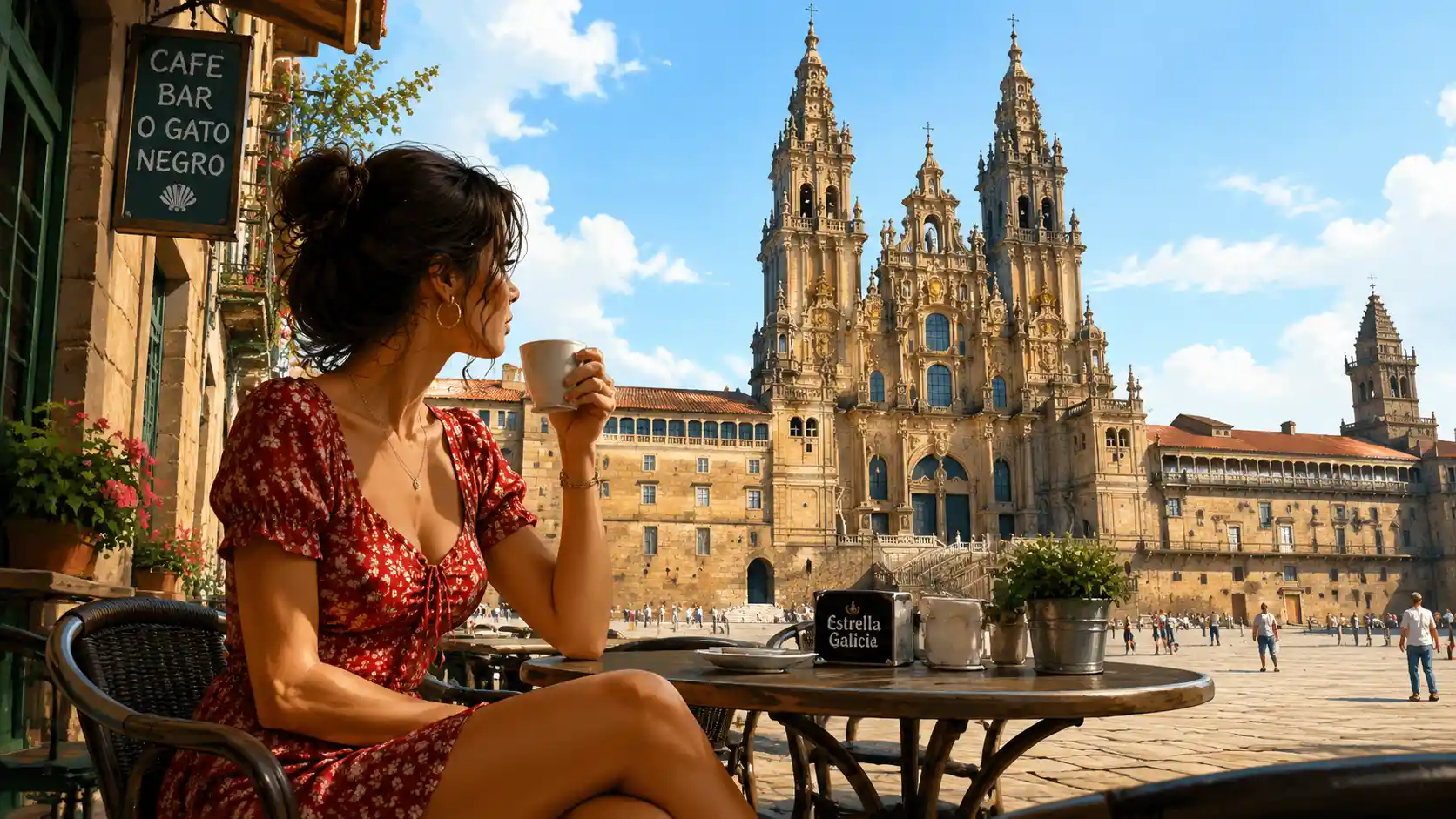 Junge Frau auf einer Barterrasse mit Blick auf die Kathedrale von Santiago