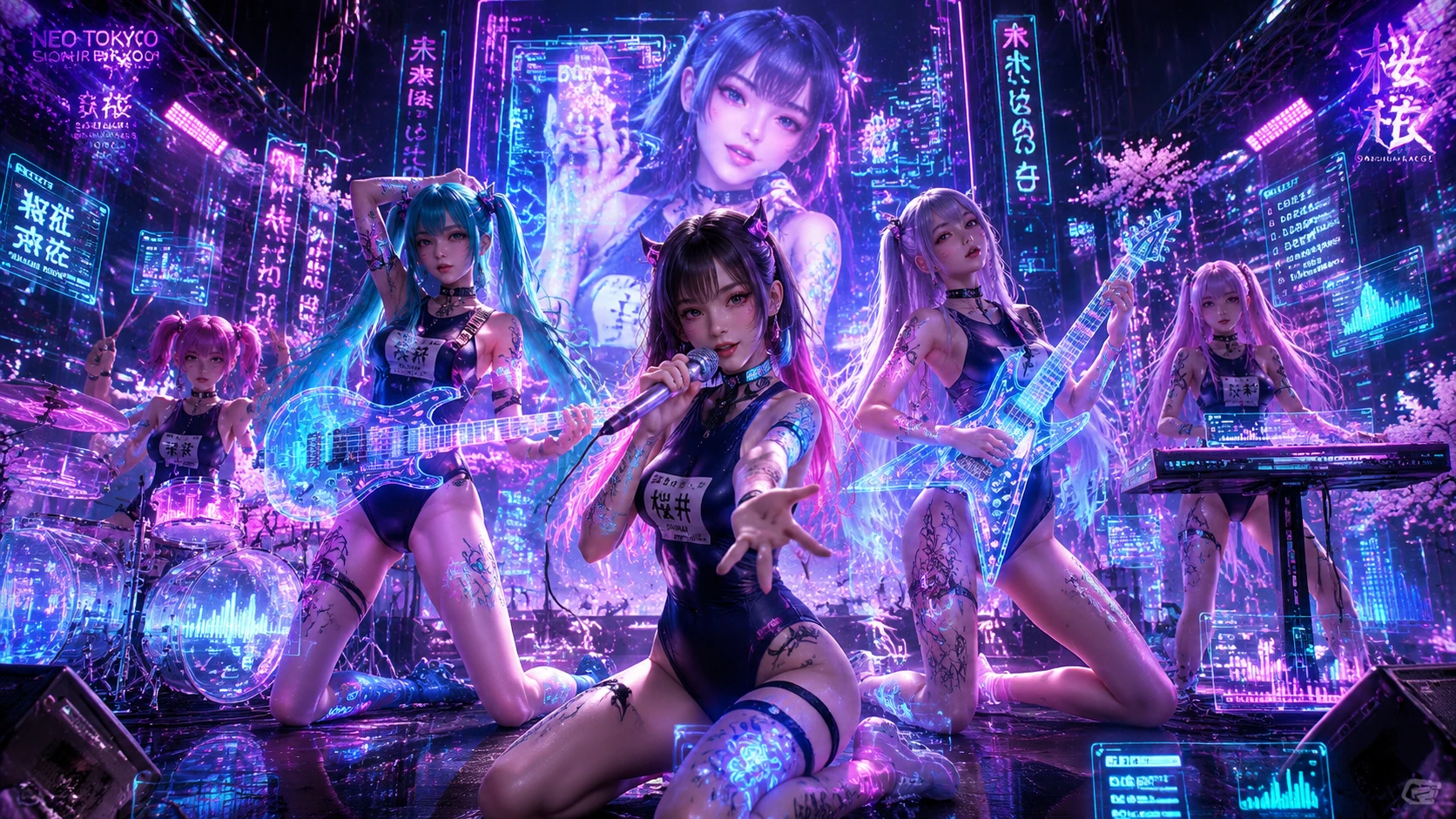 Cyberpunk girl band singing on neon festival stage
