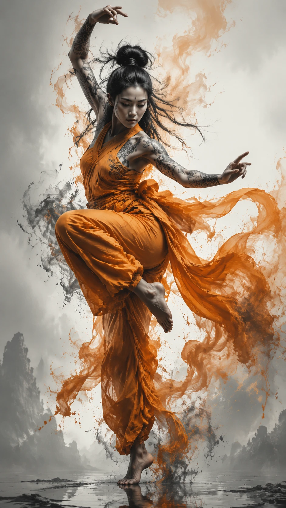 Graceful Asian warrior woman in flowing orange robes