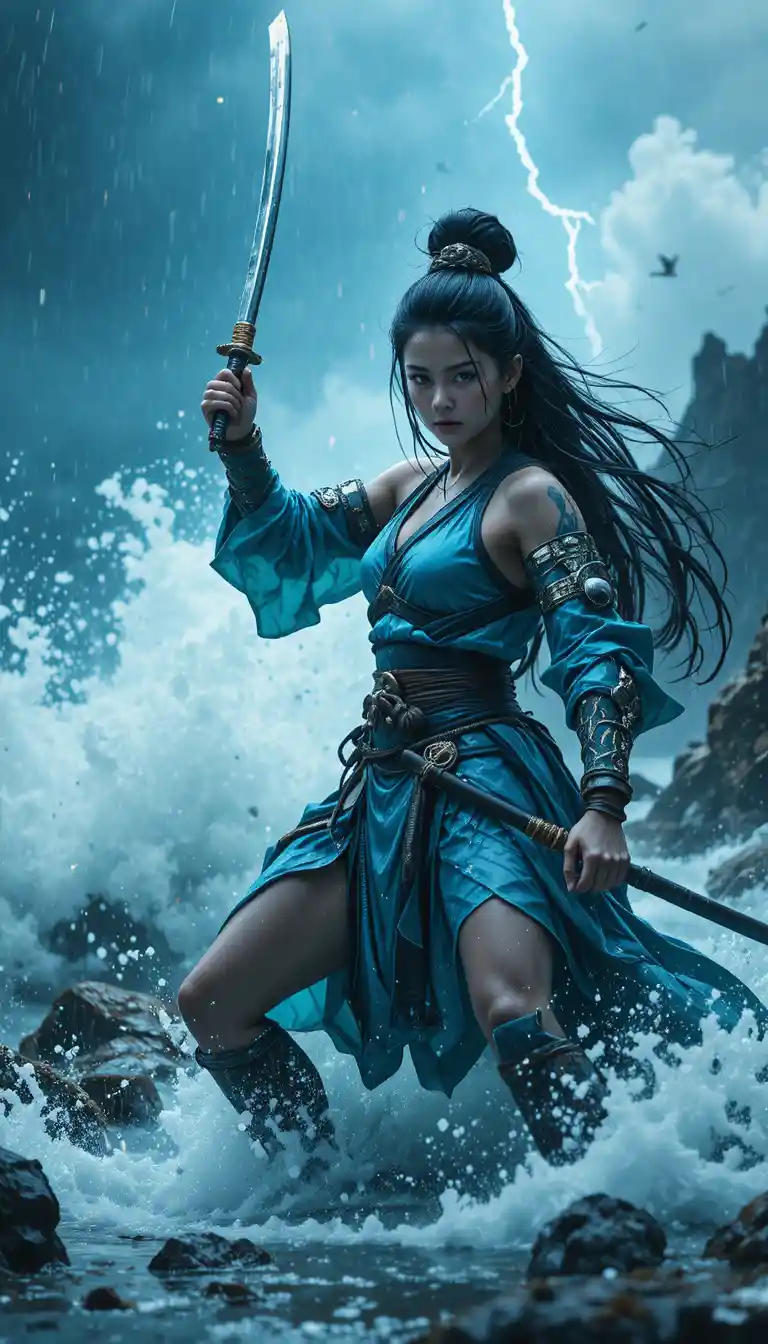 Female samurai facing storm waves with raised katana