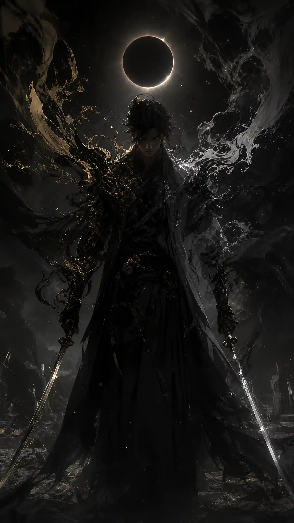 Warrior in swirling eclipse darkness wielding twin swords