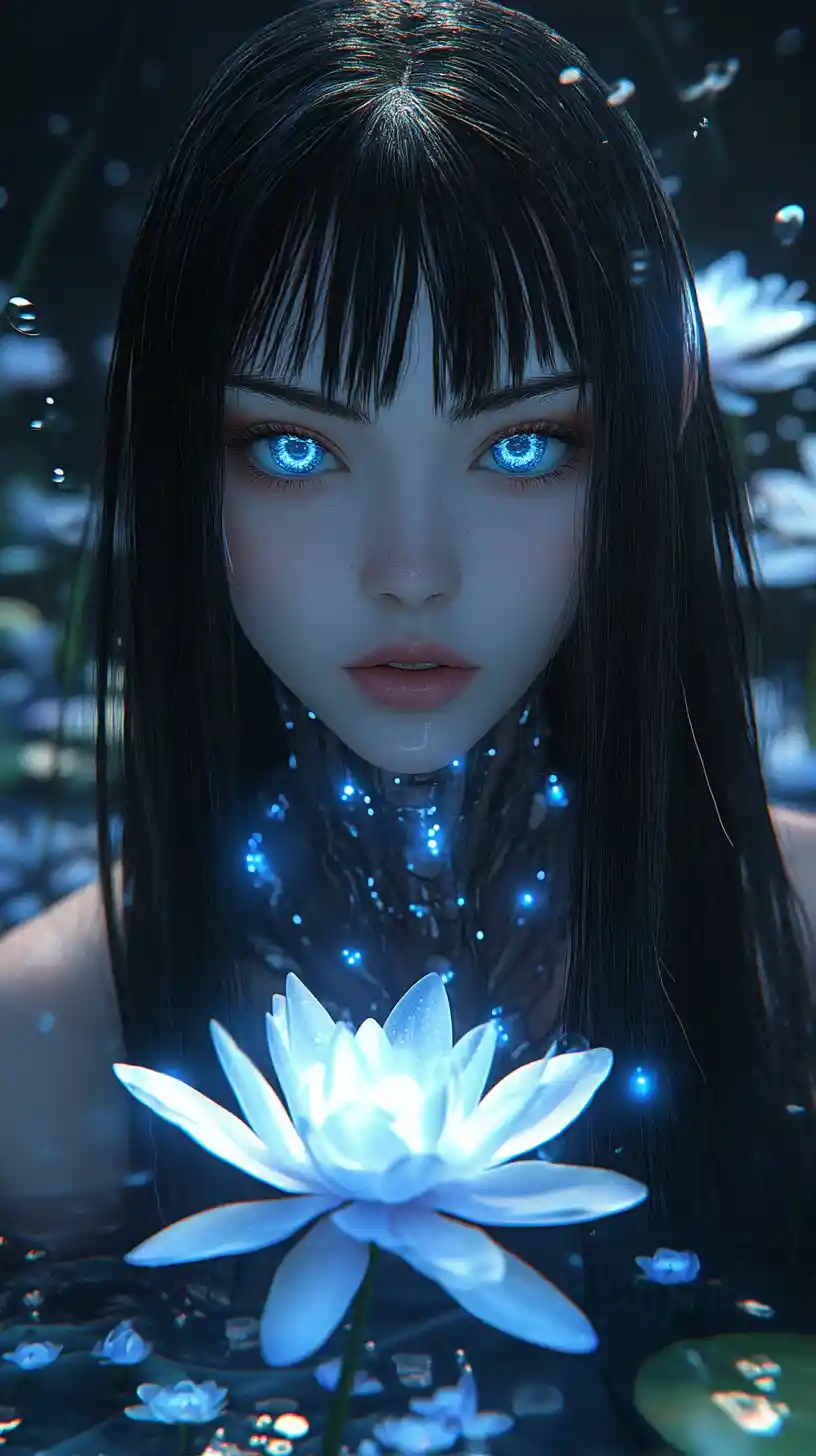 Cybernetic woman in glowing blue lotus underwater garden