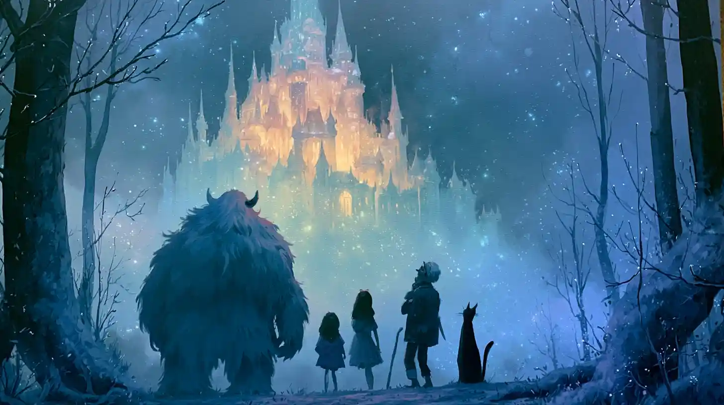 Magic castle vanishing in a glowing fantasy forest scene