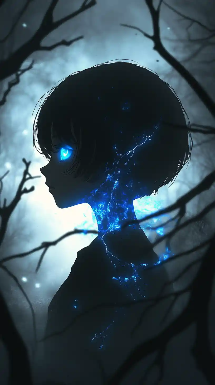 Anime girl with glowing blue eyes in misty dark forest