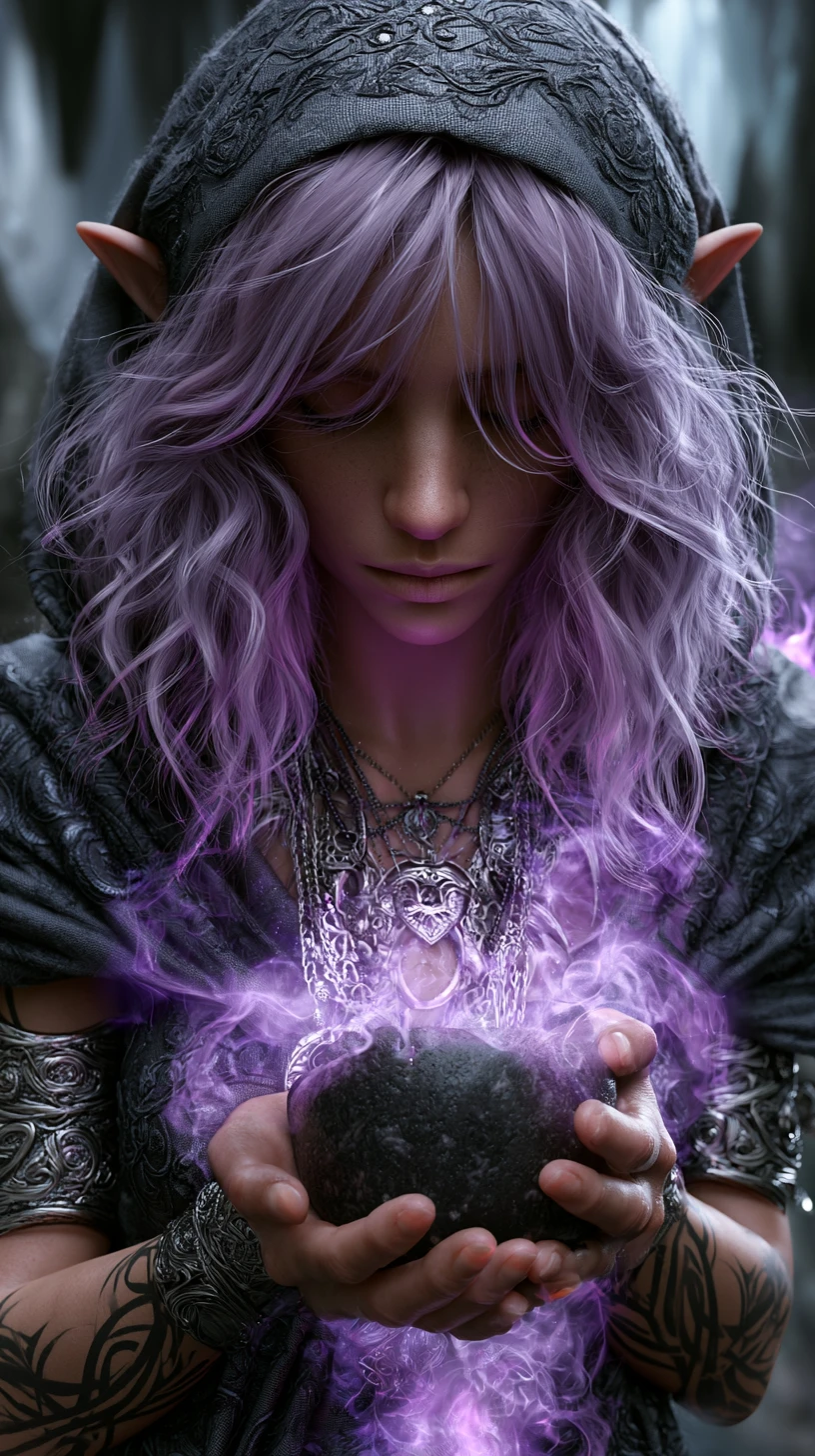 Elven sorceress holding a glowing magical bowl in a cave
