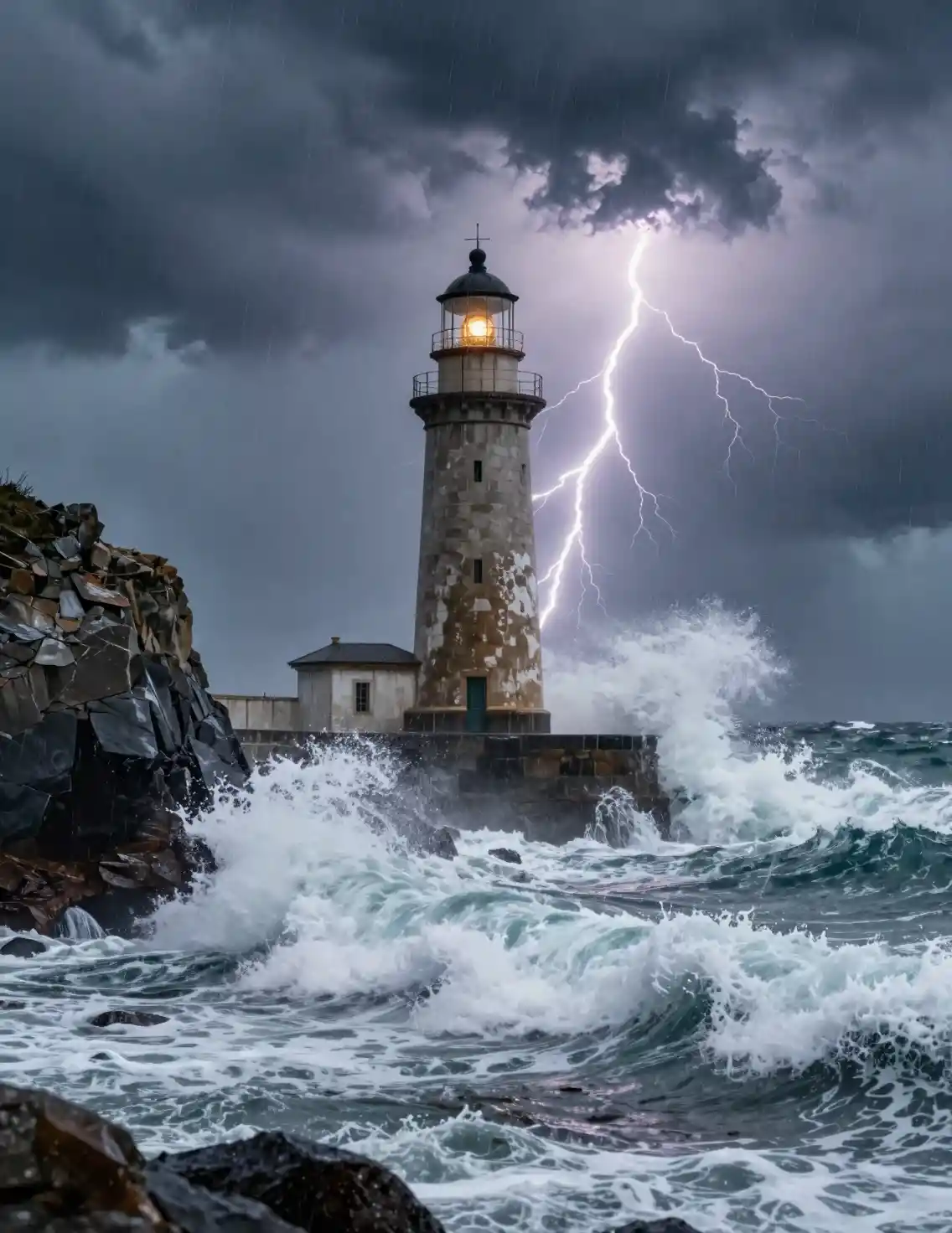 Lighthouse battered by storm waves under flashing lightning