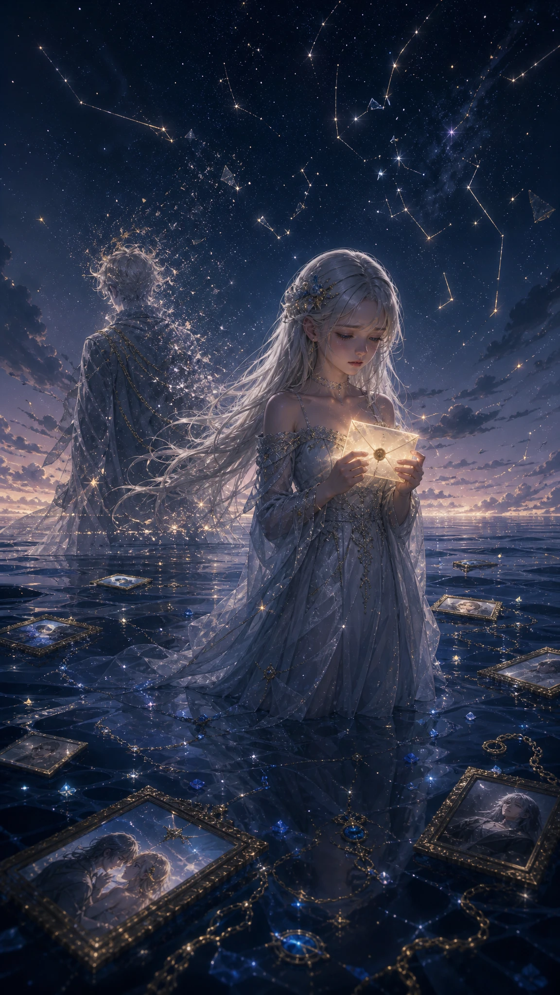 Silver haired girl in a star filled ocean at night